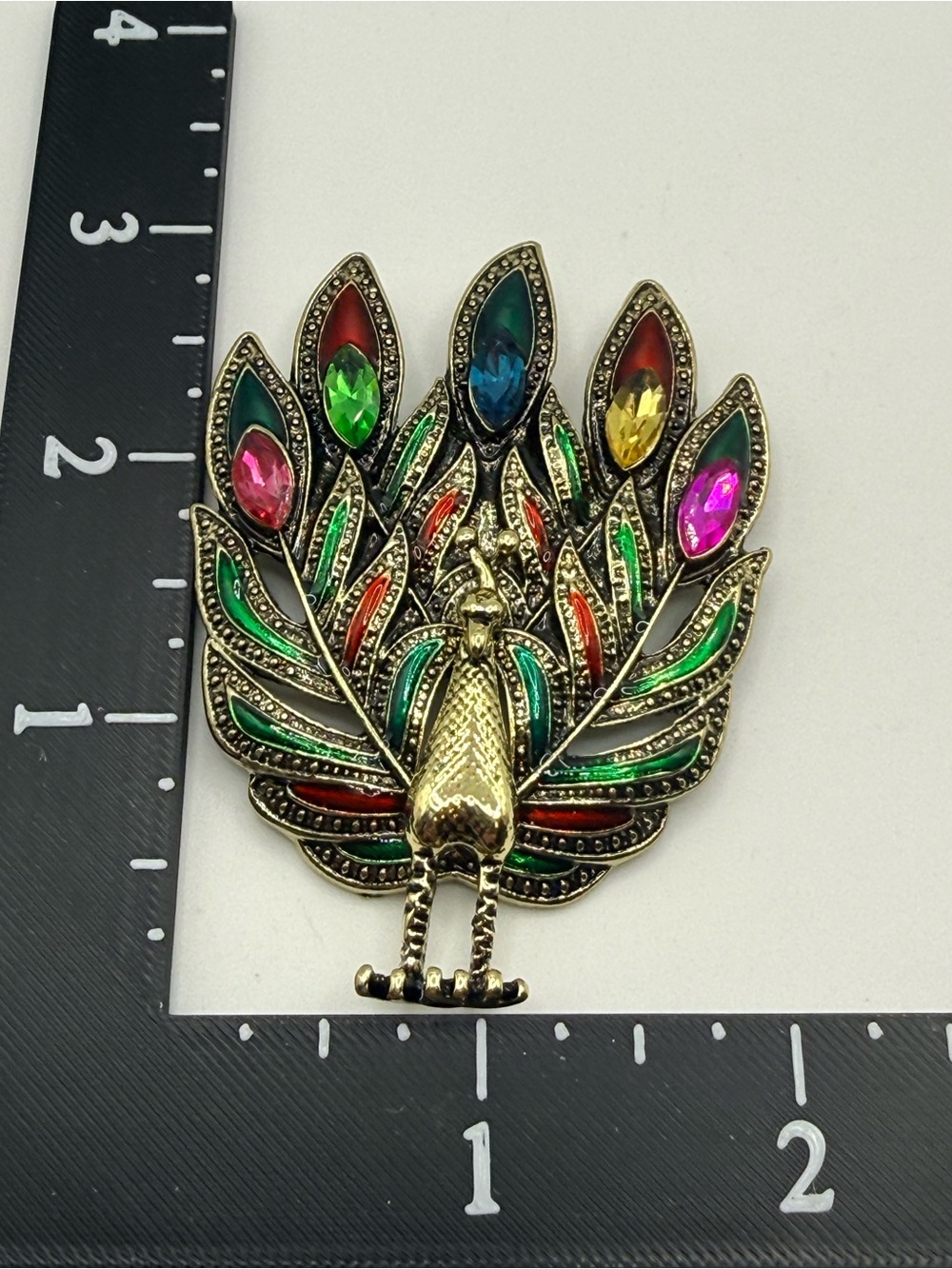 Enameled Rhinestone Peacock Brooch - Picture 5 of 6